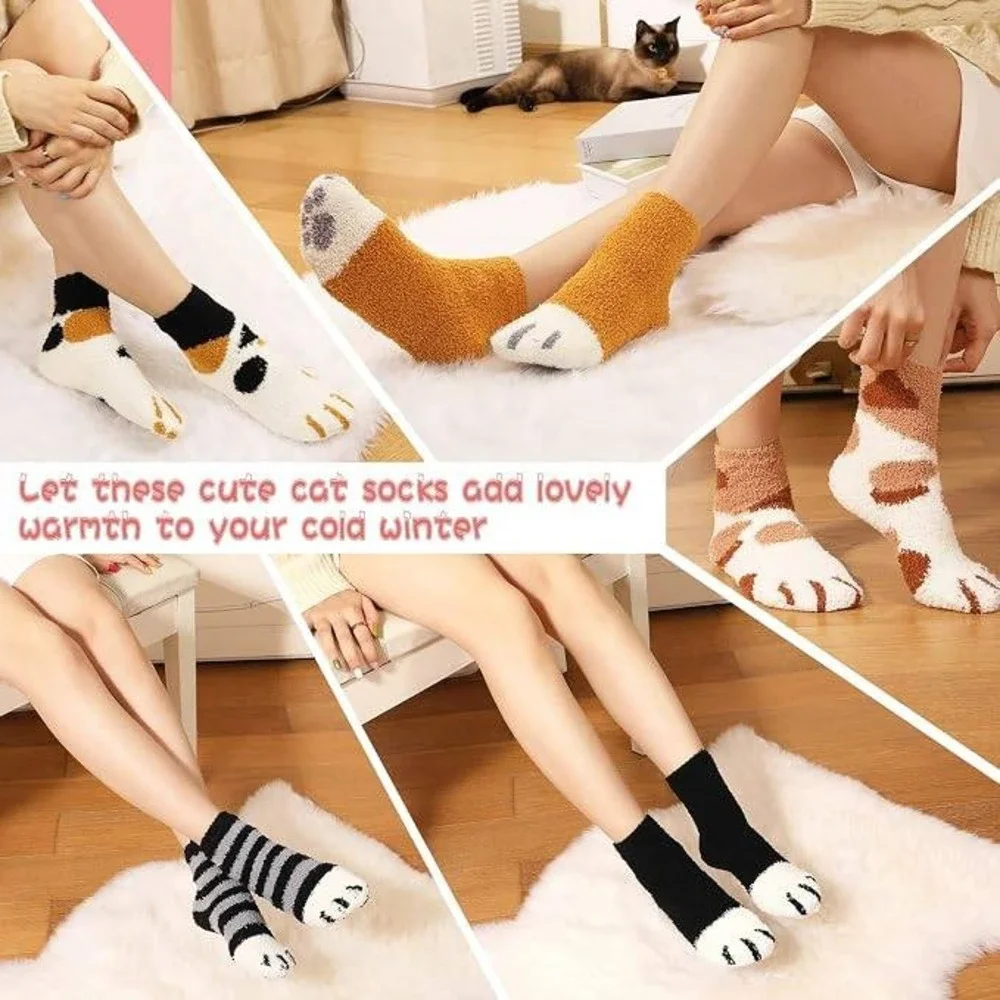 fauson 5 Pairs Fuzzy Socks for Women - Warm Cat Socks Fluffy Winter Plush Slippe